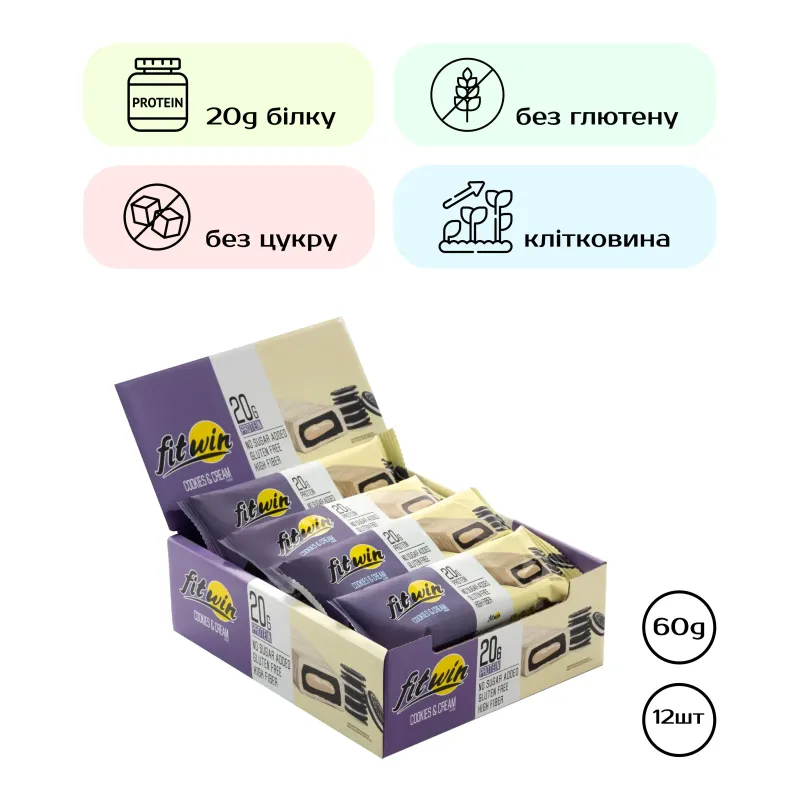 FitWin протеїновий батончик, 12 × 60 г, Печиво з вершками