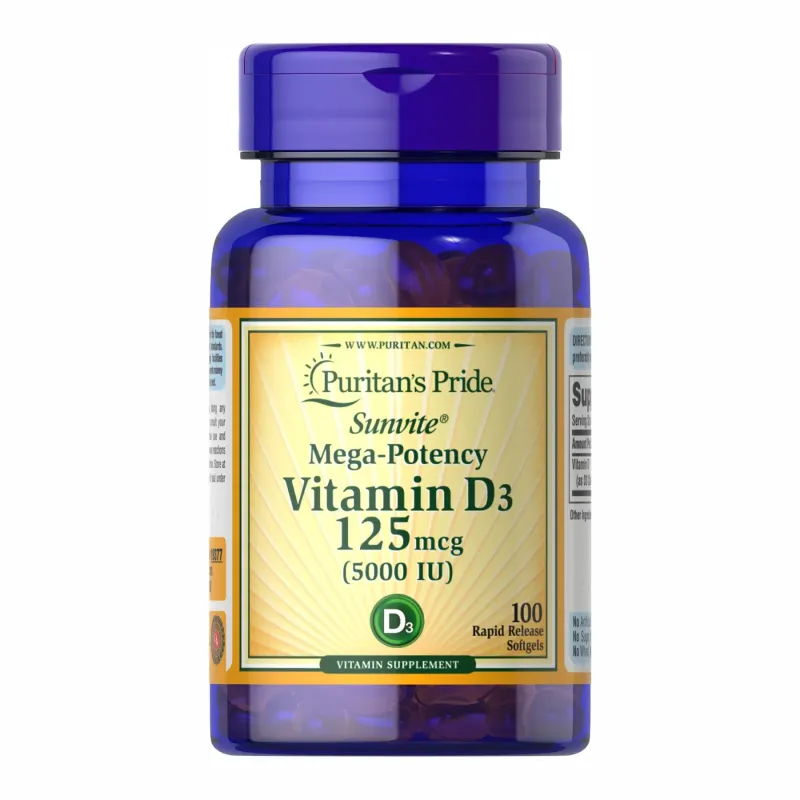 Puritans Pride Vitamin D-3 125 мкг (5000 МО) Sunvite Mega Potency, 100 табл.