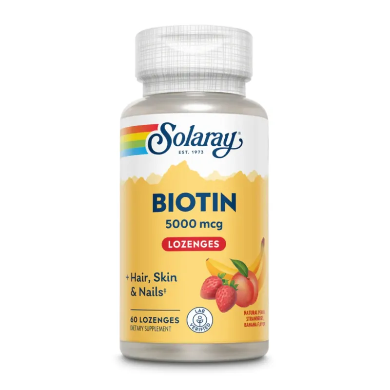 Solaray Biotin 5000 мкг, 60 пастилок, Персик, полуниця, банан