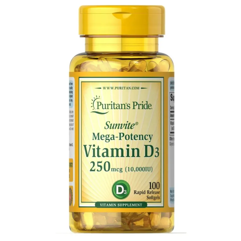 Puritans Pride Vitamin D3 250 мкг(10000 МО) Mega-Potency, 100 гел. капс.